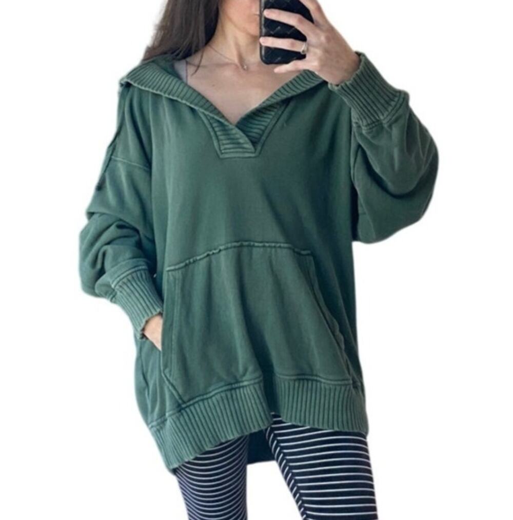 Aerie Oversized Down to Earth Vneck Pullover Green Hoodie Sweatshirt Size M